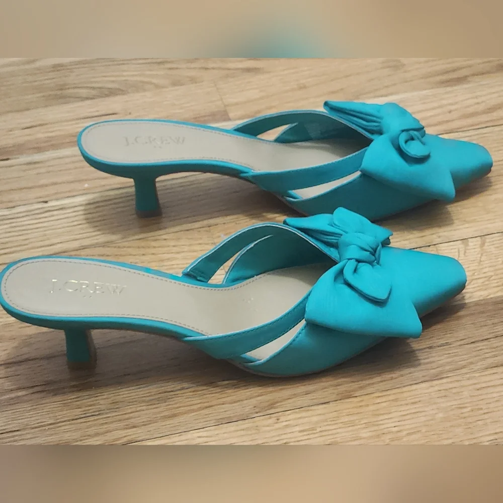 J.Crew Women’s Size 8 Teal Bow Mule Heels Kitten Heel Slip-On Sandals Chic Dress - Picture 3 of 10